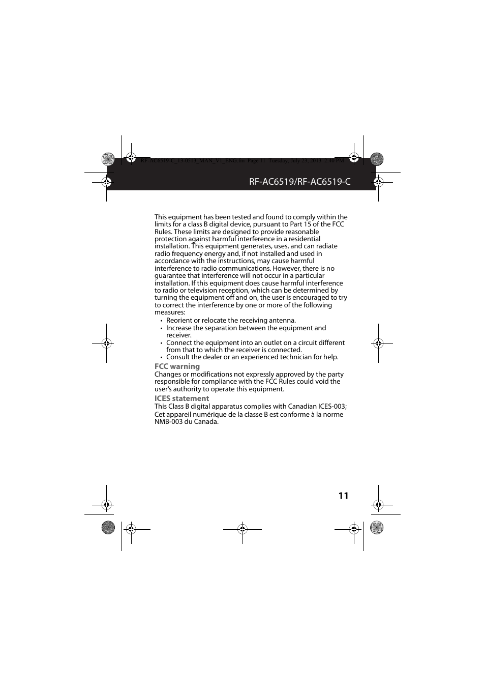 Fcc warning, Ices statement | RocketFish RF-AC6519 - User Manual User Manual | Page 11 / 15