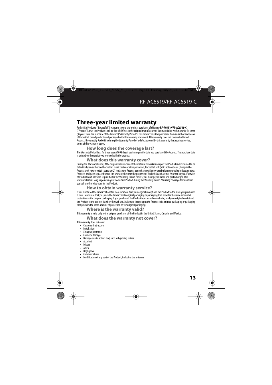Three-year limited warranty, How long does the coverage last, What does this warranty cover | How to obtain warranty service, Where is the warranty valid, What does the warranty not cover | RocketFish RF-AC6519 - User Manual User Manual | Page 13 / 15