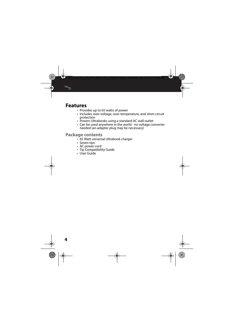 Features, Package contents | RocketFish RF-AC6519 - User Manual User Manual | Page 4 / 15