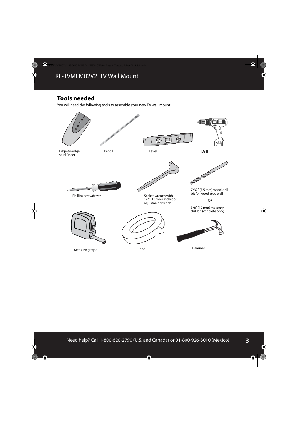 Tools needed, Rf-tvmfm02v2 tv wall mount tools needed | RocketFish RF-TVMFM02 - User Manual User Manual | Page 3 / 17