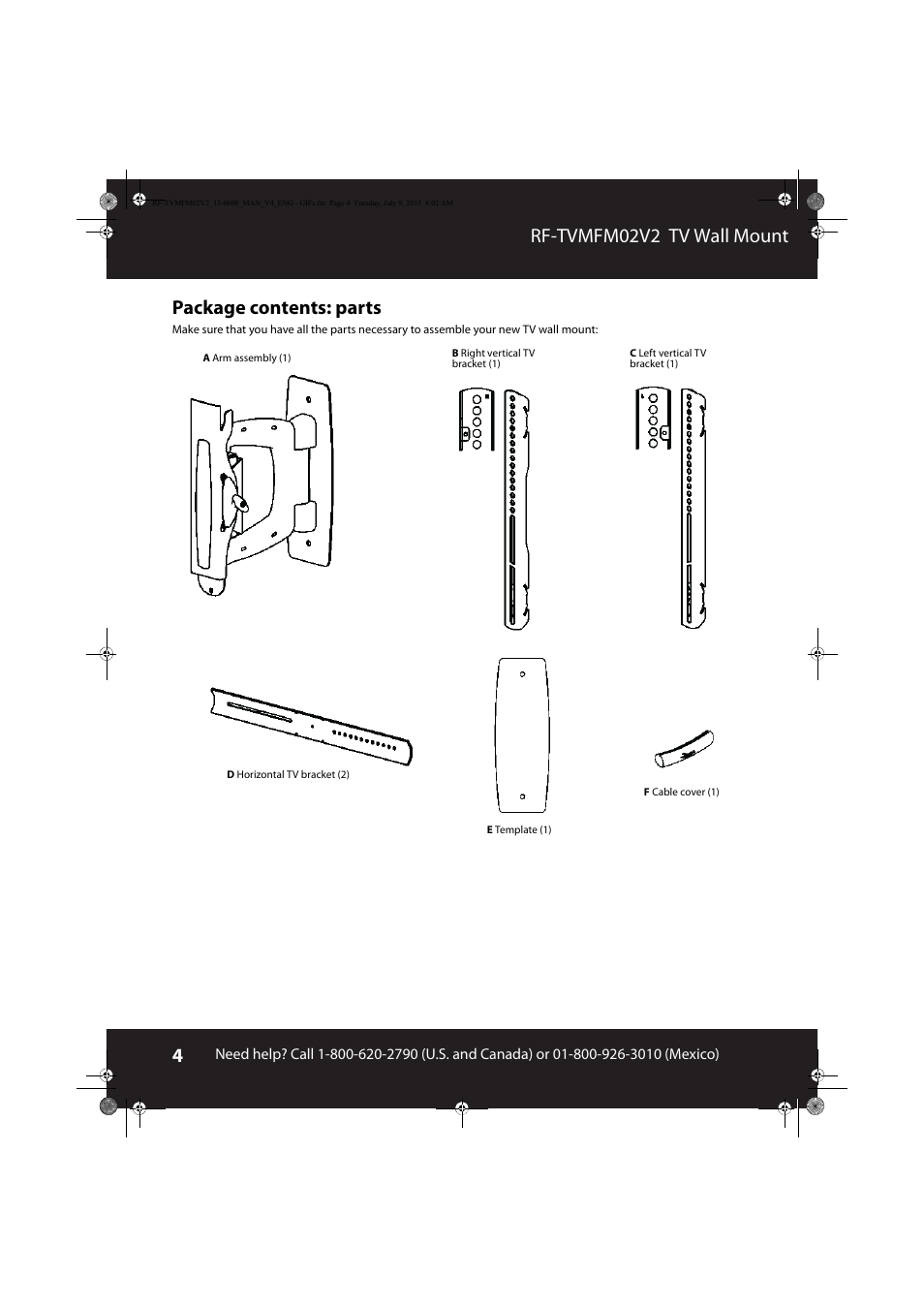 Package contents: parts, Rf-tvmfm02v2 tv wall mount | RocketFish RF-TVMFM02 - User Manual User Manual | Page 4 / 17