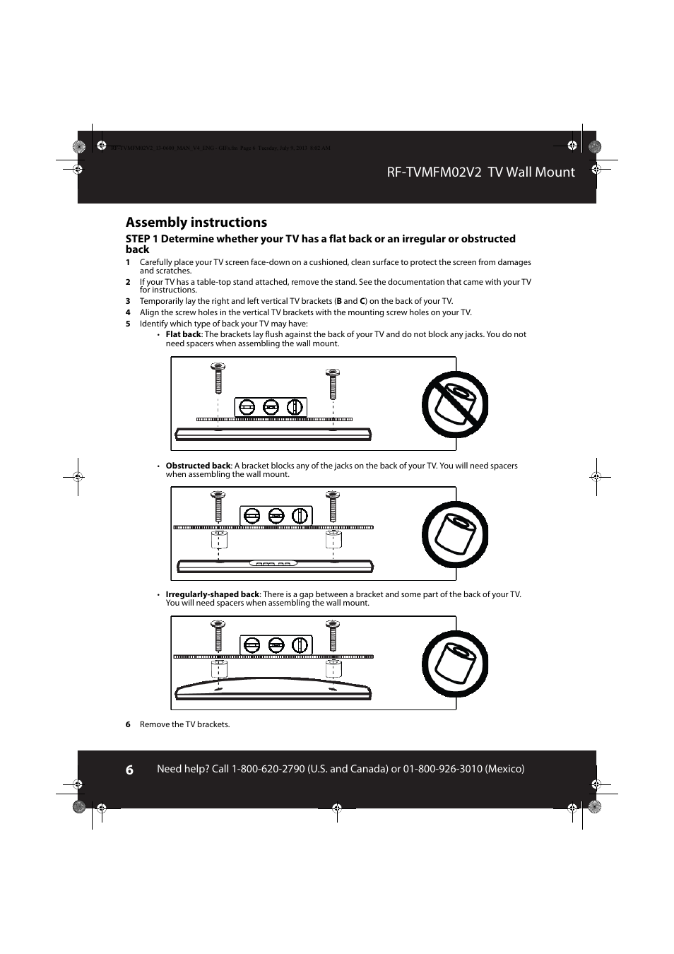Assembly instructions, Rf-tvmfm02v2 tv wall mount assembly instructions | RocketFish RF-TVMFM02 - User Manual User Manual | Page 6 / 17