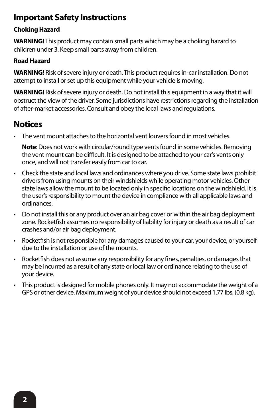 Important safety instructions, Notices | RocketFish RF-VMU5 - User Manual User Manual | Page 2 / 8