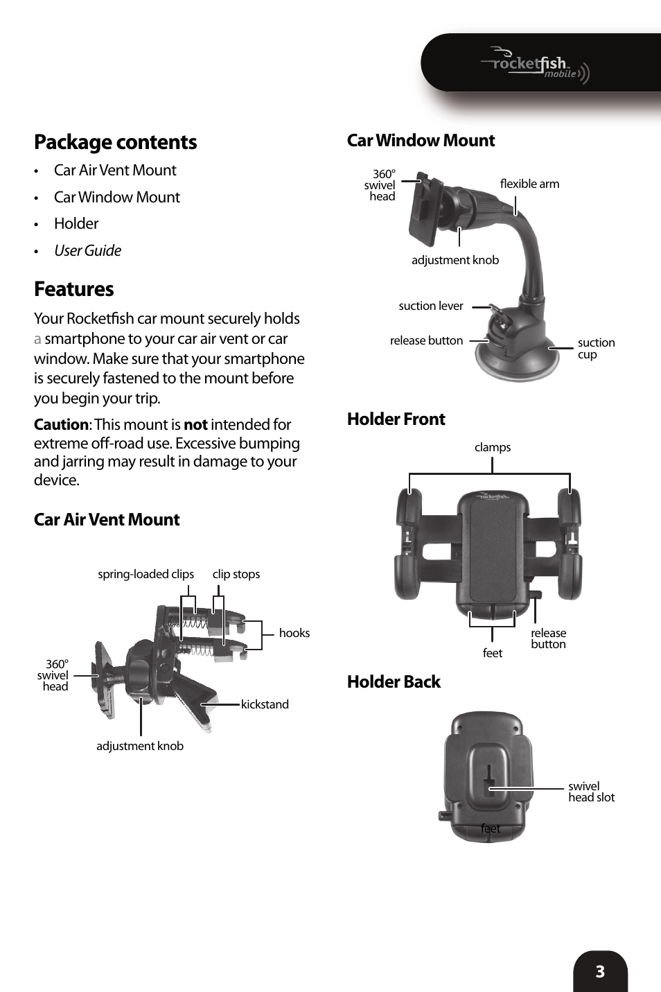 Package contents, Features, 3car window mount holder front holder back | Car air vent mount | RocketFish RF-VMU5 - User Manual User Manual | Page 3 / 8