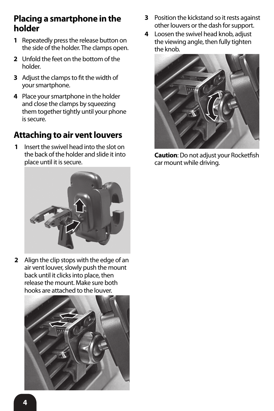 Placing a smartphone in the holder, Attaching to air vent louvers | RocketFish RF-VMU5 - User Manual User Manual | Page 4 / 8