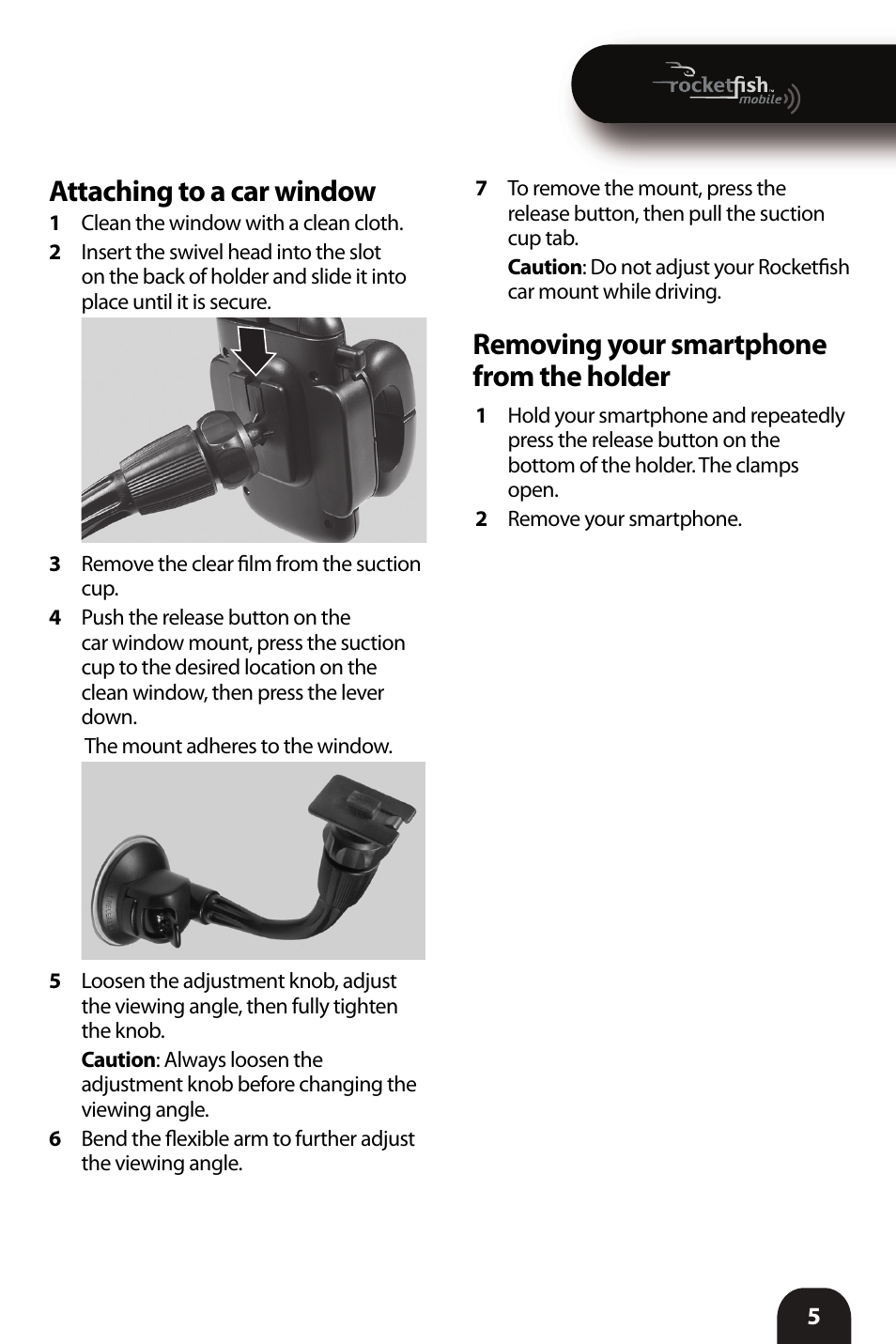 Attaching to a car window, Removing your smartphone from the holder | RocketFish RF-VMU5 - User Manual User Manual | Page 5 / 8