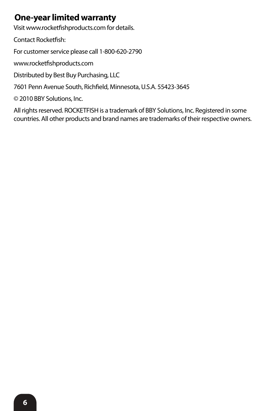 One-year limited warranty | RocketFish RF-VMU5 - User Manual User Manual | Page 6 / 8