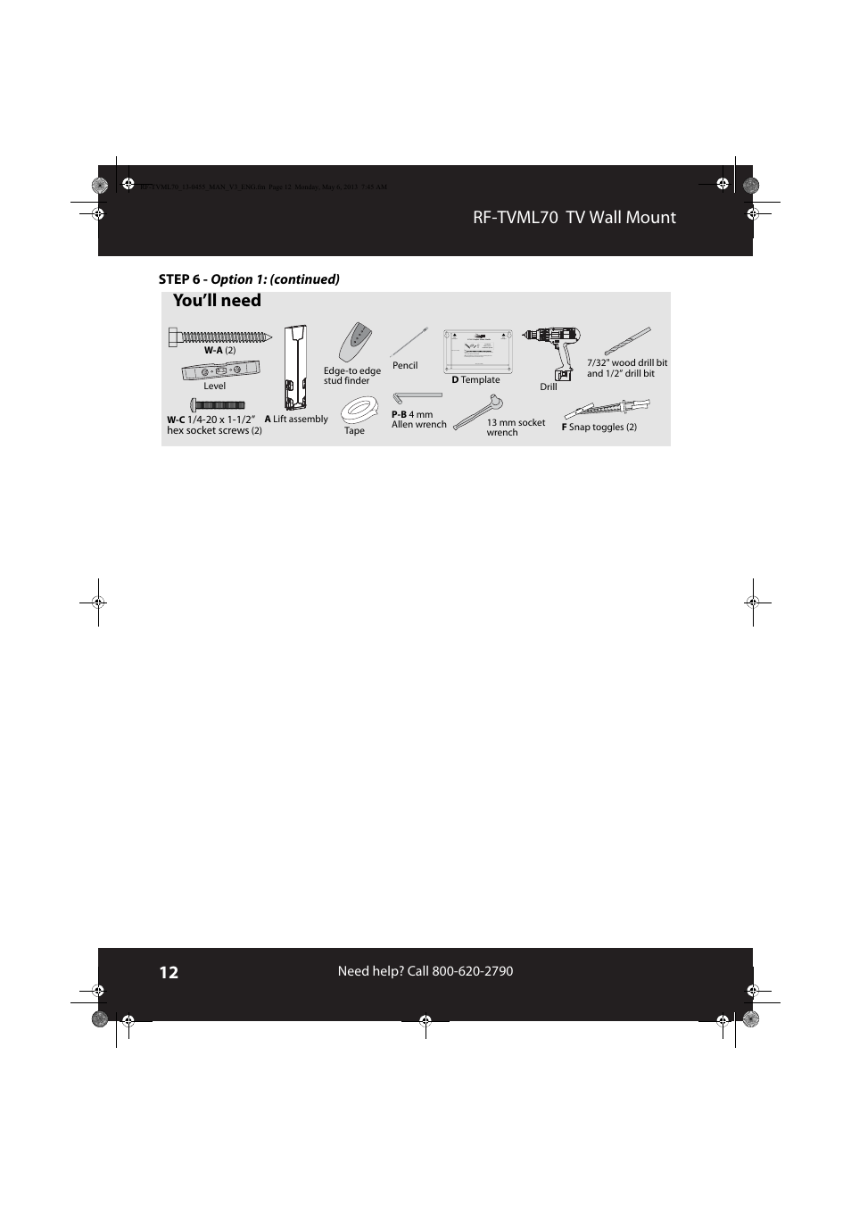 Rf-tvml70 tv wall mount, You’ll need | RocketFish RF-TVML70 - User Manual User Manual | Page 12 / 18