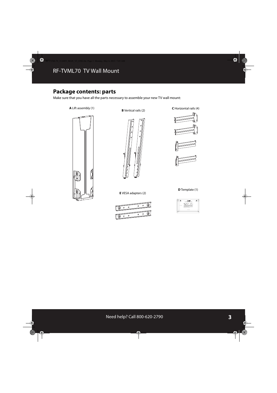 Package contents: parts, Rf-tvml70 tv wall mount package contents: parts | RocketFish RF-TVML70 - User Manual User Manual | Page 3 / 18