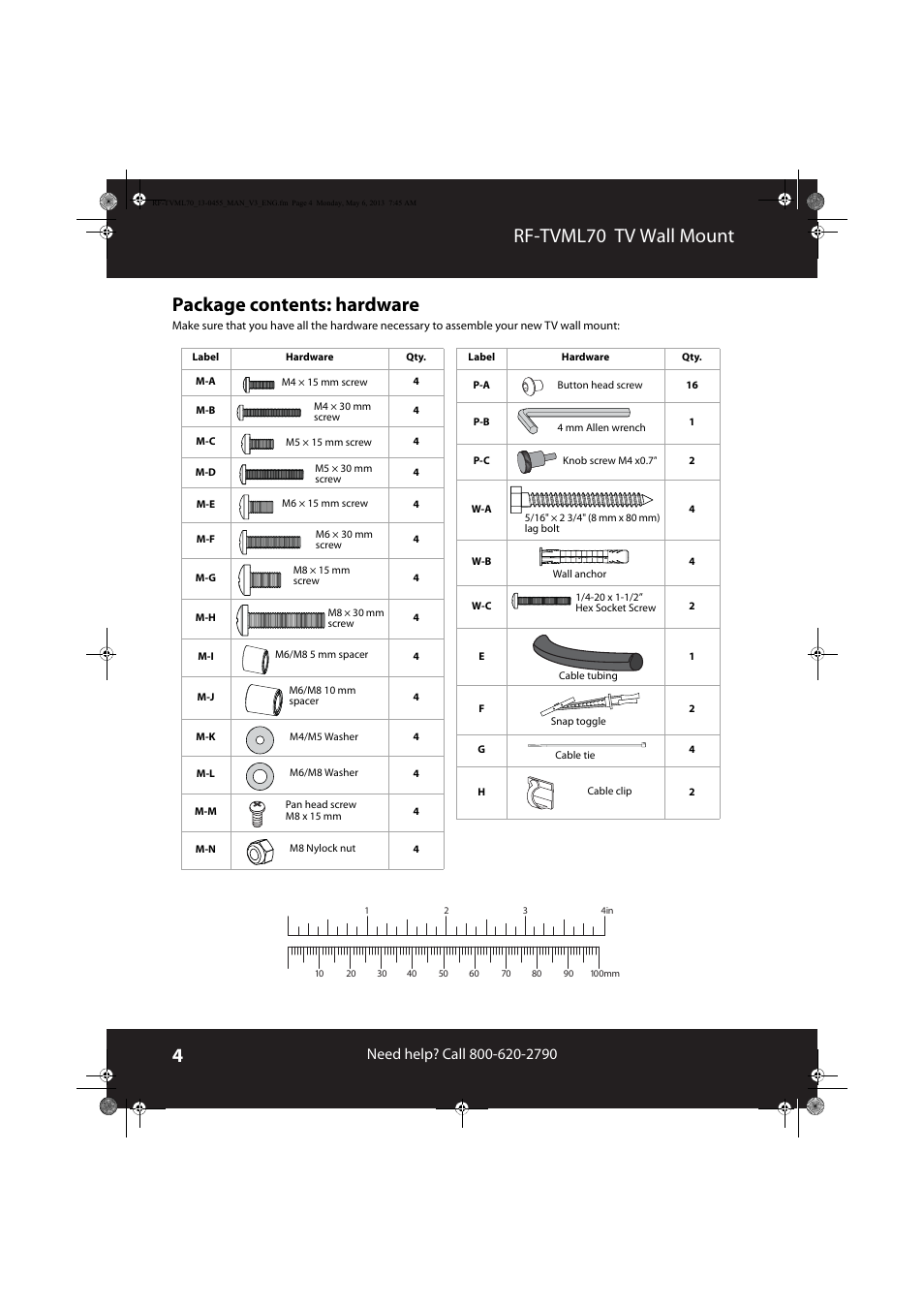 Package contents: hardware, Rf-tvml70 tv wall mount package contents: hardware | RocketFish RF-TVML70 - User Manual User Manual | Page 4 / 18