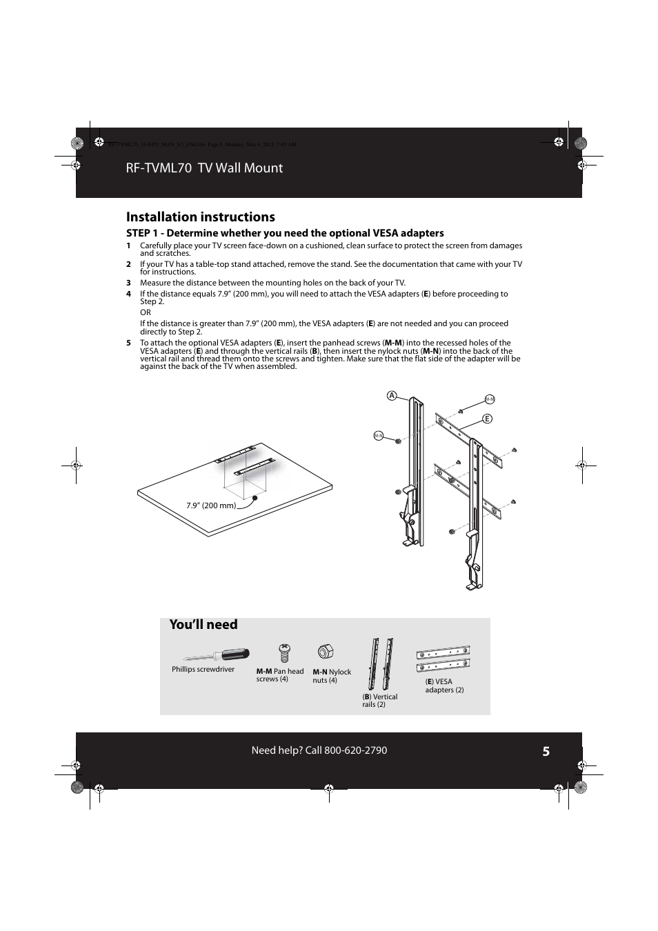 Installation instructions, Rf-tvml70 tv wall mount installation instructions, You’ll need | RocketFish RF-TVML70 - User Manual User Manual | Page 5 / 18
