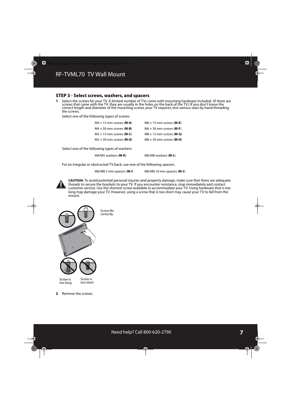 Rf-tvml70 tv wall mount | RocketFish RF-TVML70 - User Manual User Manual | Page 7 / 18