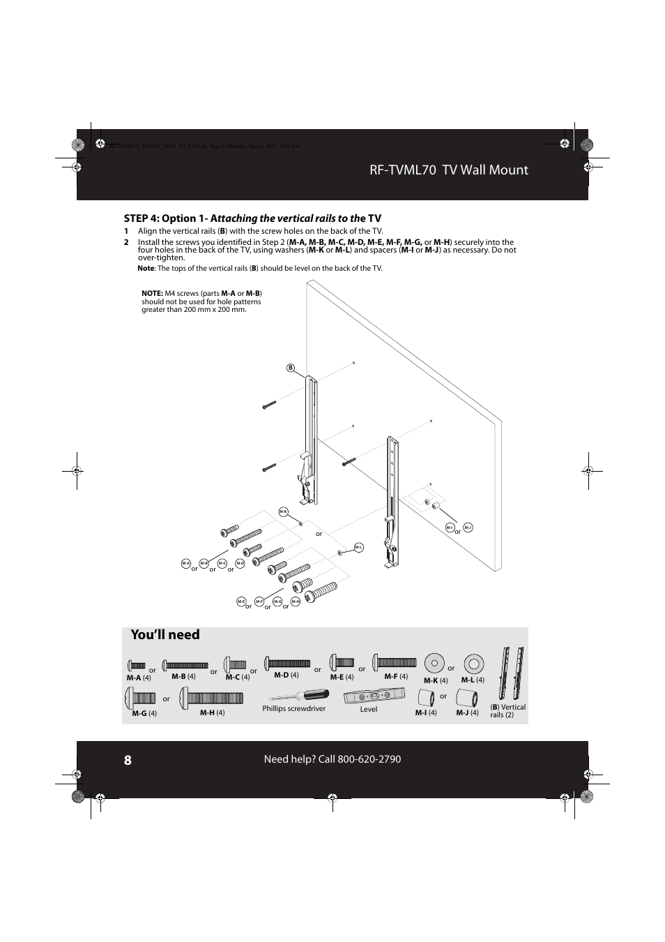 Rf-tvml70 tv wall mount, You’ll need | RocketFish RF-TVML70 - User Manual User Manual | Page 8 / 18