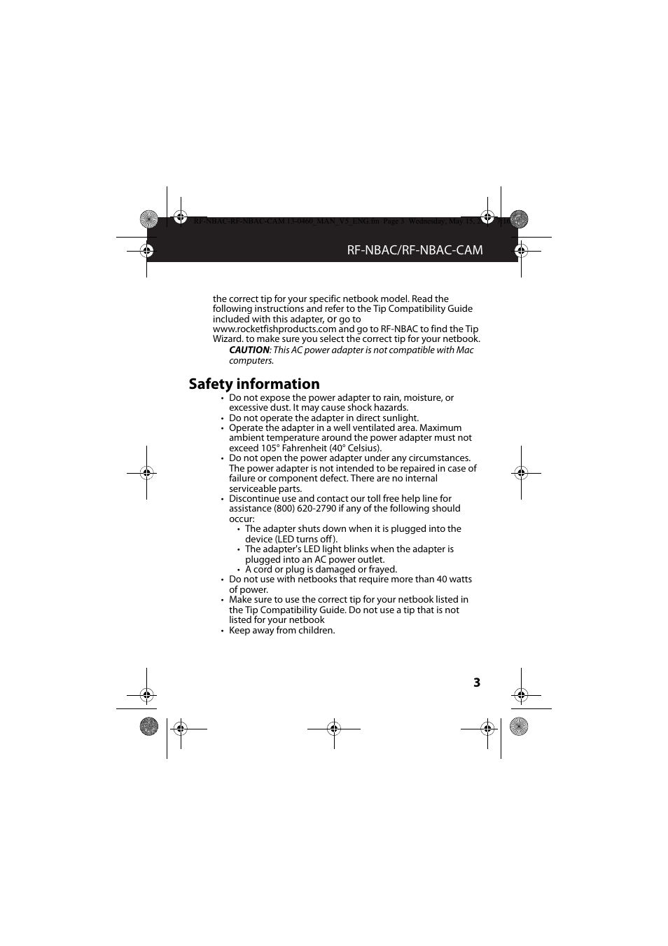 Safety information, 3rf-nbac/rf-nbac-cam | RocketFish RF-NBAC - User Manual User Manual | Page 3 / 15