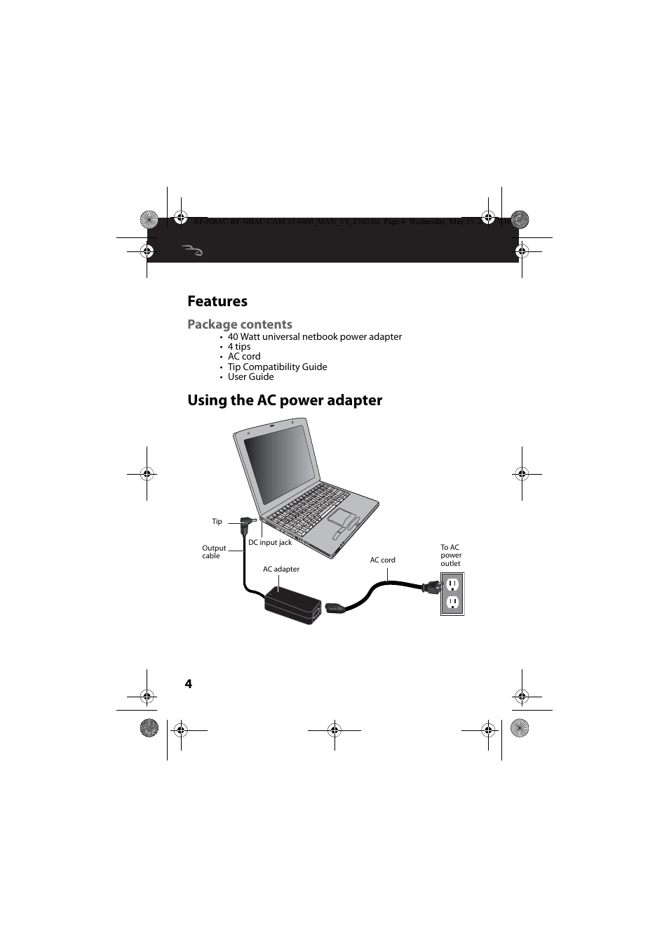 Features, Package contents, Using the ac power adapter | Features using the ac power adapter | RocketFish RF-NBAC - User Manual User Manual | Page 4 / 15