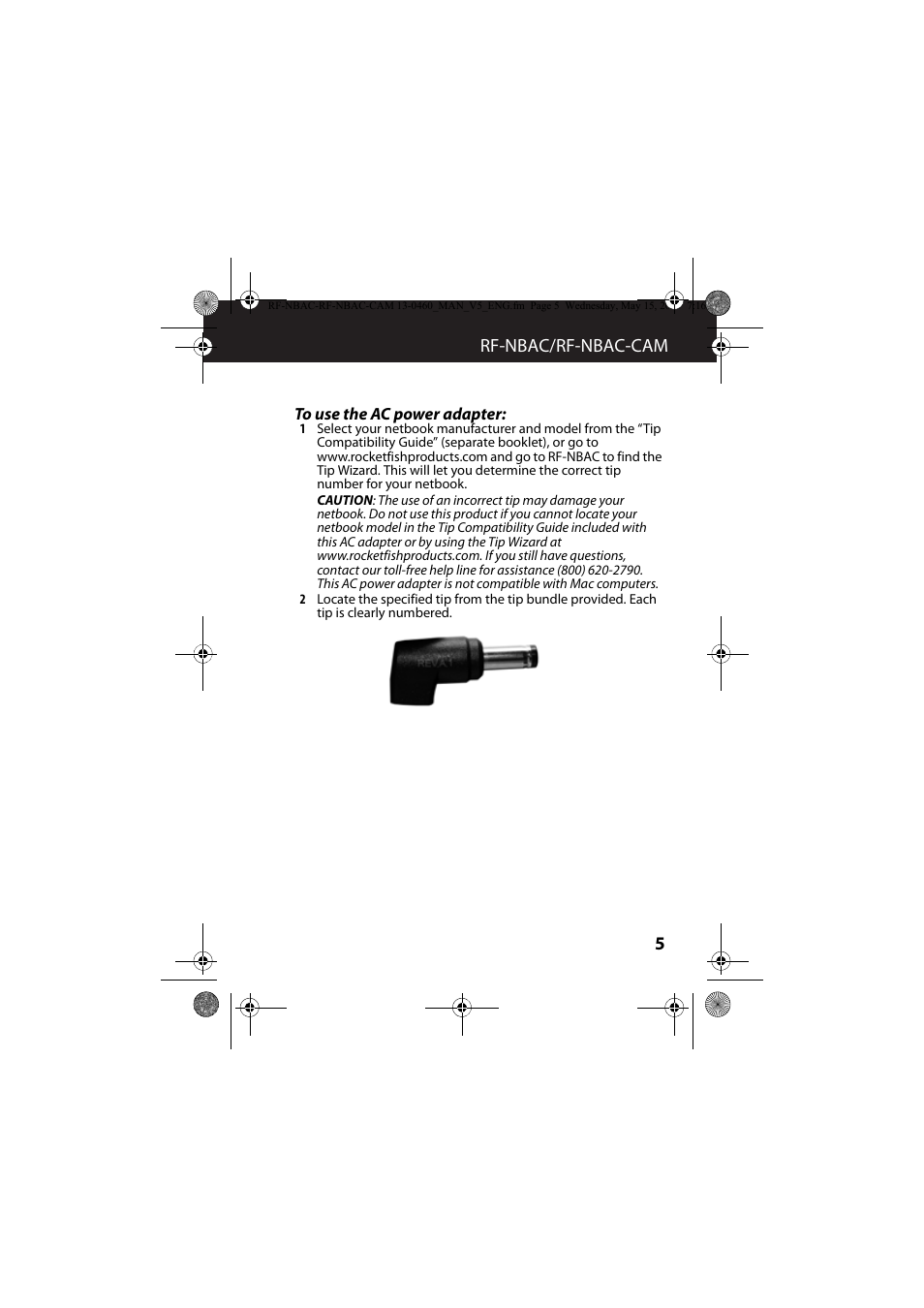 To use the ac power adapter, 5rf-nbac/rf-nbac-cam | RocketFish RF-NBAC - User Manual User Manual | Page 5 / 15
