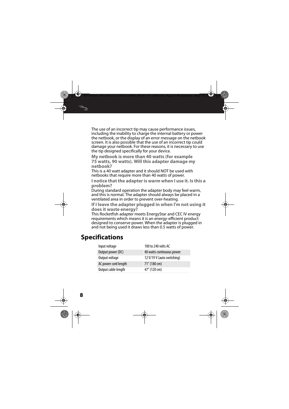 Specifications | RocketFish RF-NBAC - User Manual User Manual | Page 8 / 15