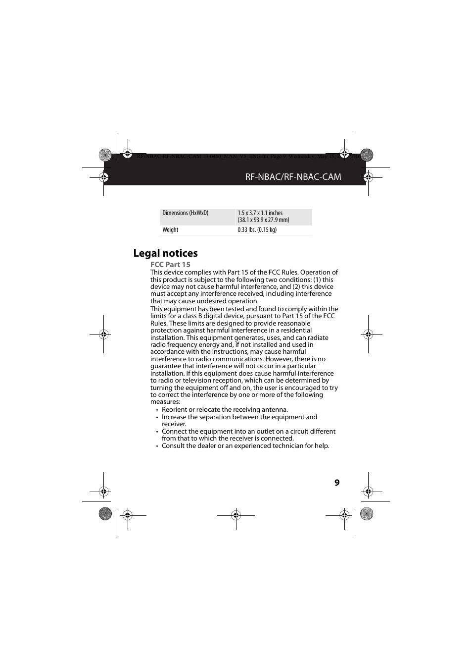 Legal notices, Fcc part 15, 9rf-nbac/rf-nbac-cam | RocketFish RF-NBAC - User Manual User Manual | Page 9 / 15