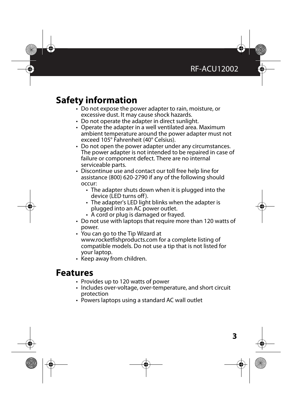 Safety information, Features, Safety information features | RocketFish RF-ACU12002 - User Manual User Manual | Page 3 / 13