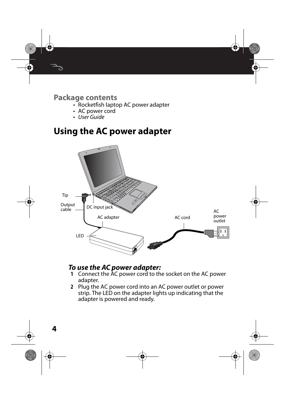 Package contents, Using the ac power adapter, To use the ac power adapter | 4package contents | RocketFish RF-ACU12002 - User Manual User Manual | Page 4 / 13