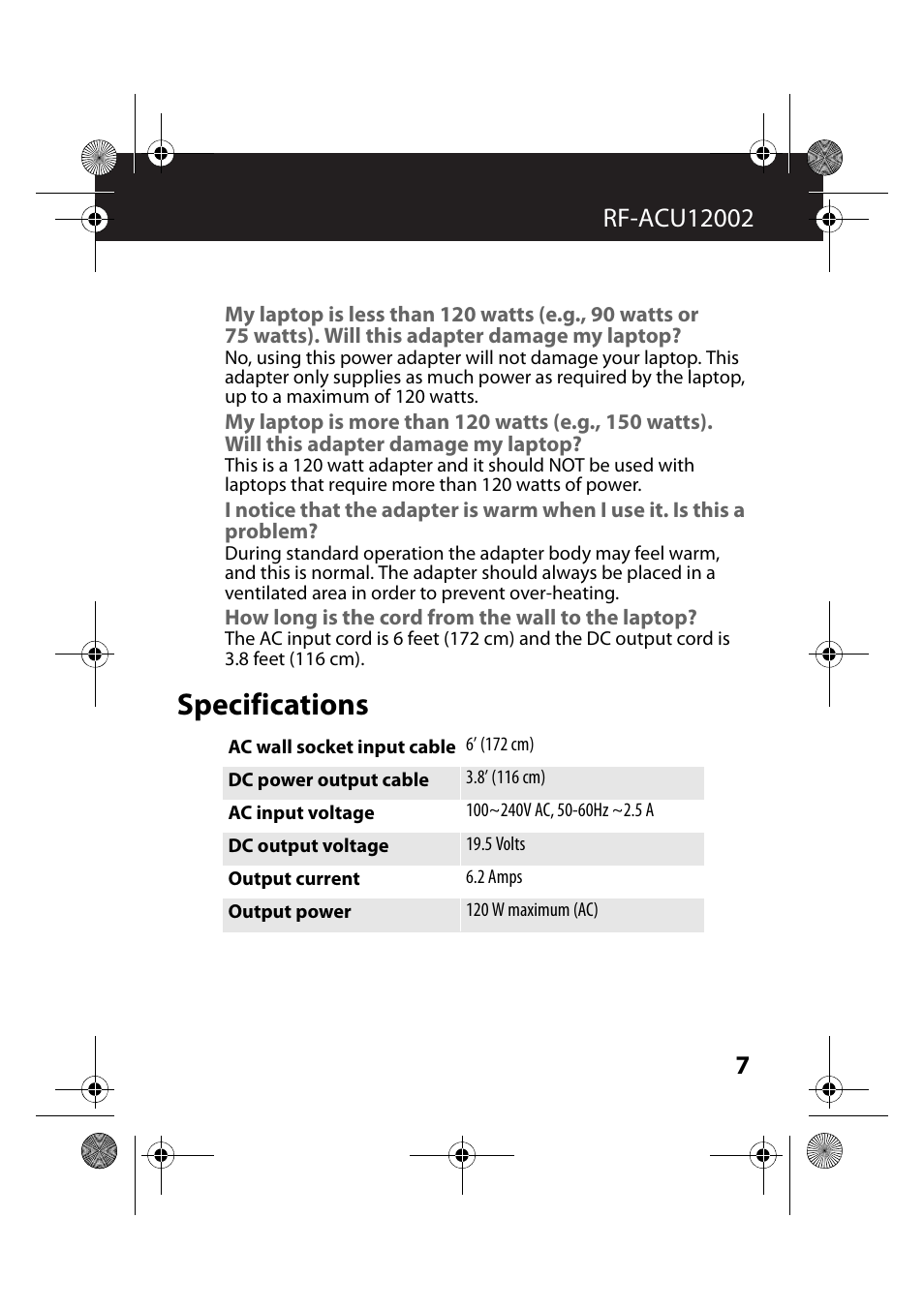 How long is the cord from the wall to the laptop, Specifications | RocketFish RF-ACU12002 - User Manual User Manual | Page 7 / 13
