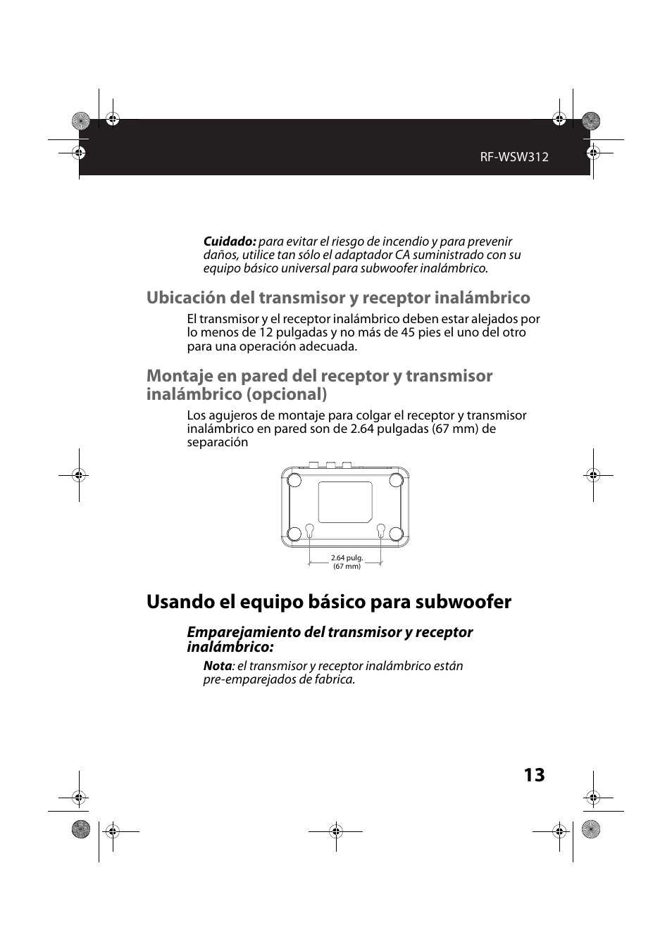 Ubicación del transmisor y receptor inalámbrico, Usando el equipo básico para subwoofer | RocketFish RF-WSW312 - User Manual User Manual | Page 13 / 22