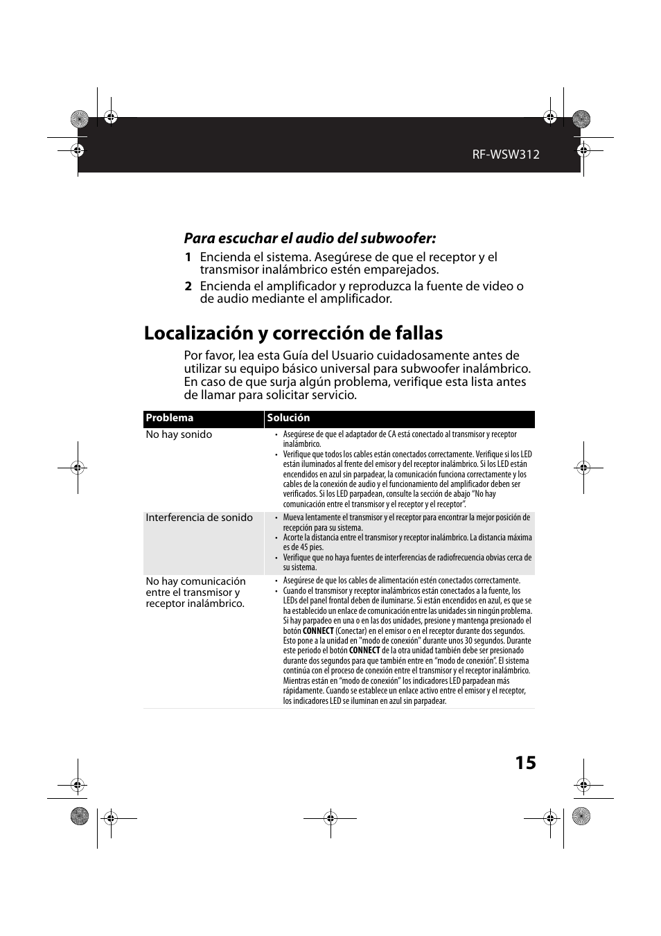Para escuchar el audio del subwoofer, Localización y corrección de fallas | RocketFish RF-WSW312 - User Manual User Manual | Page 15 / 22