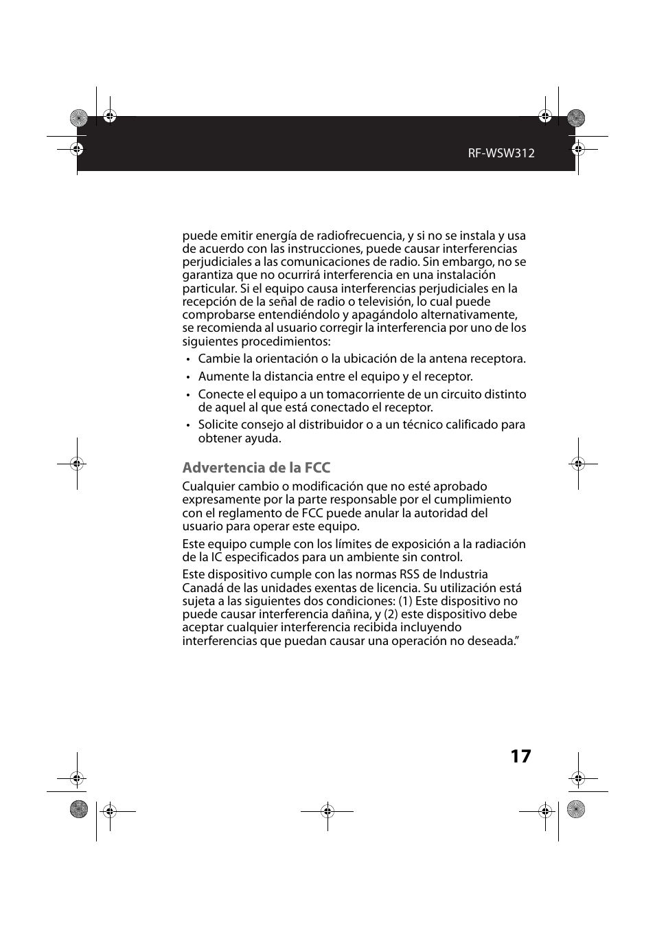 Advertencia de la fcc | RocketFish RF-WSW312 - User Manual User Manual | Page 17 / 22