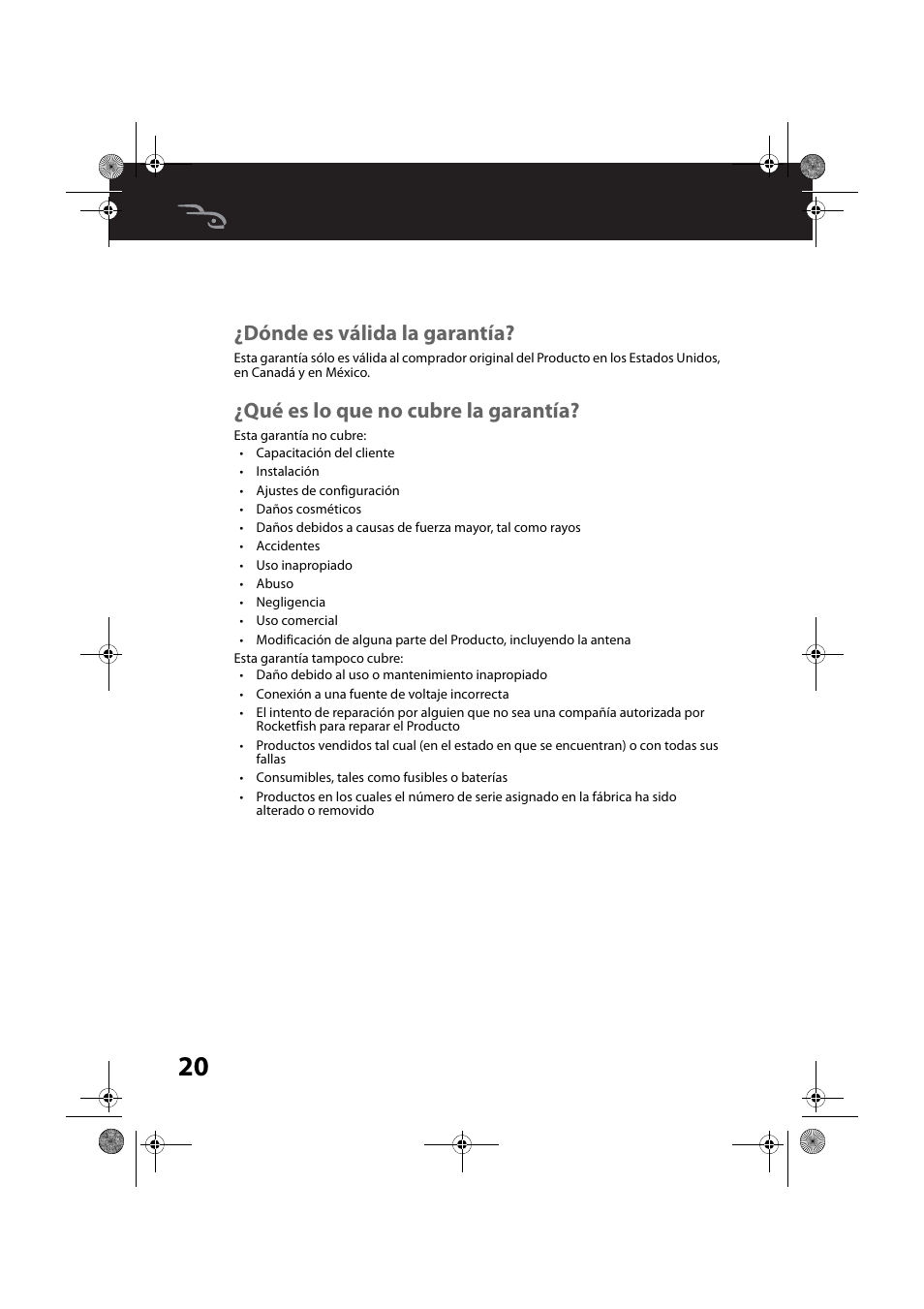 Dónde es válida la garantía, Qué es lo que no cubre la garantía | RocketFish RF-WSW312 - User Manual User Manual | Page 20 / 22