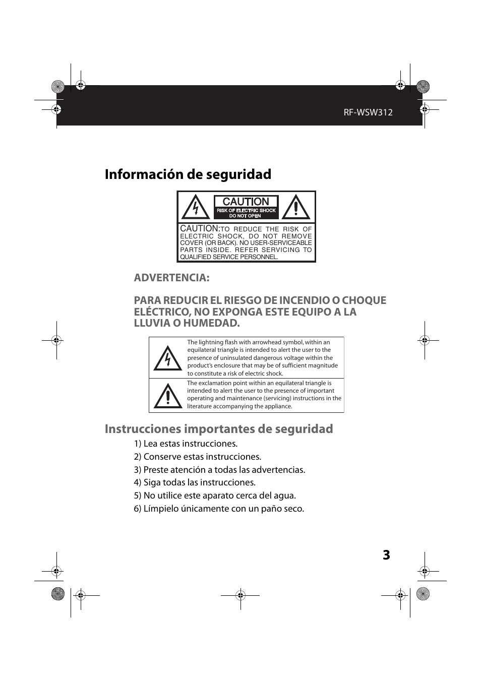 Información de seguridad, Advertencia, Instrucciones importantes de seguridad | RocketFish RF-WSW312 - User Manual User Manual | Page 3 / 22