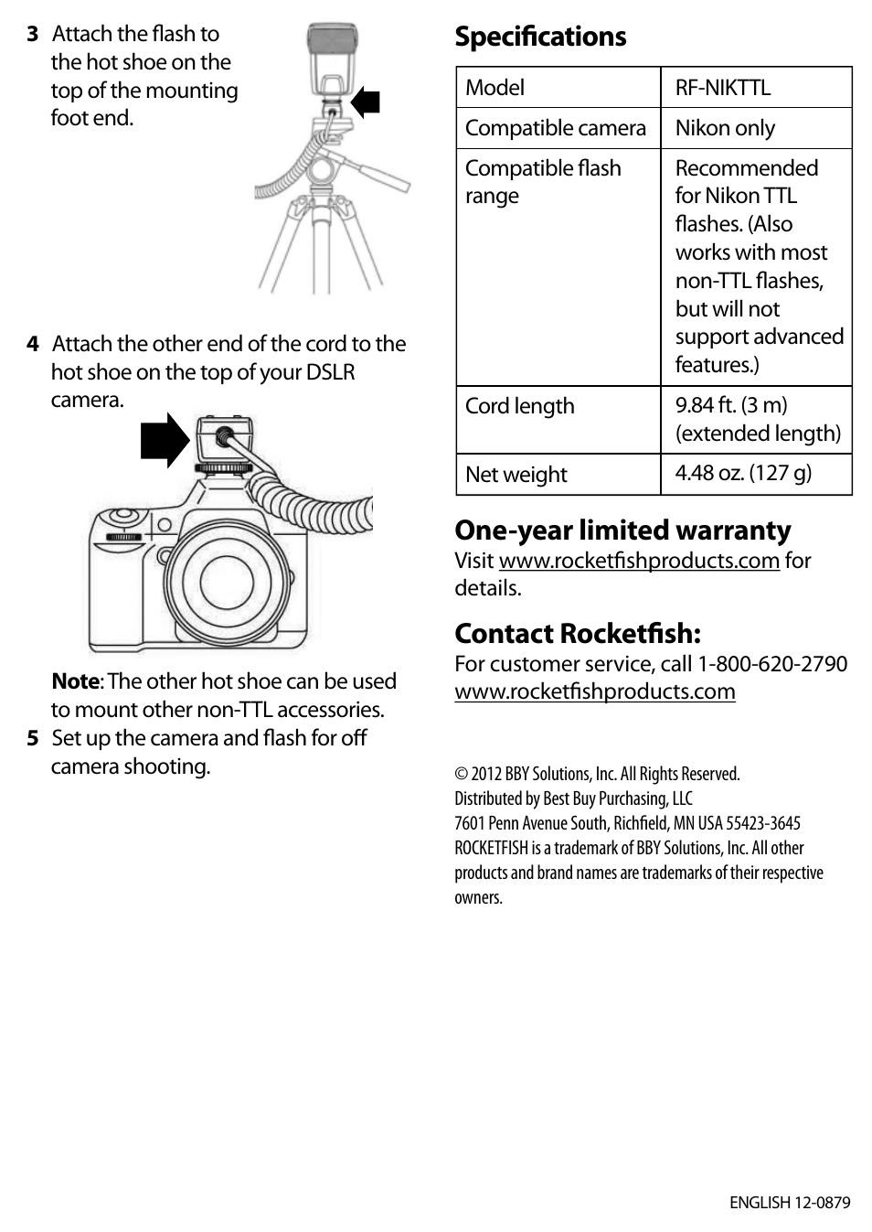 Specifications one-year limited warranty, Contact rocketfish | RocketFish RF-NIKTTL - Quick Setup Guide User Manual | Page 2 / 2