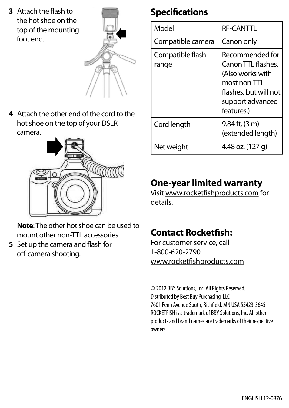 Specifications one-year limited warranty, Contact rocketfish | RocketFish RF-CANTTL - Quick Setup Guide User Manual | Page 2 / 2