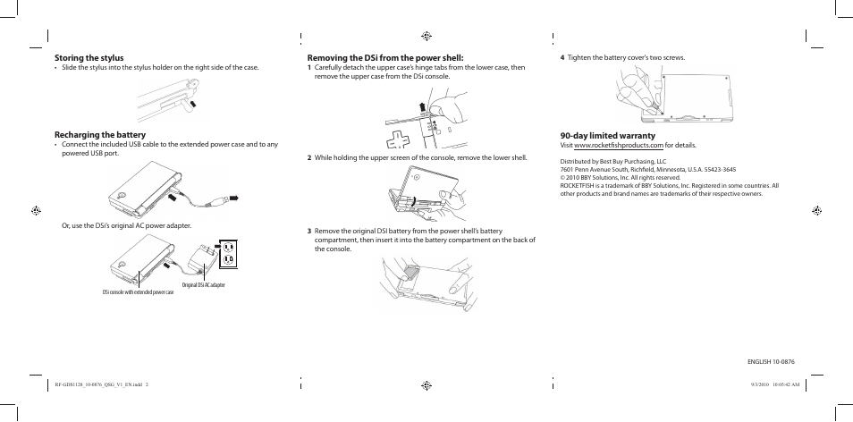Storing the stylus, Recharging the battery, Removing the dsi from the power shell | Day limited warranty | RocketFish RF-GDS1128 - Quick Setup Guide User Manual | Page 2 / 2
