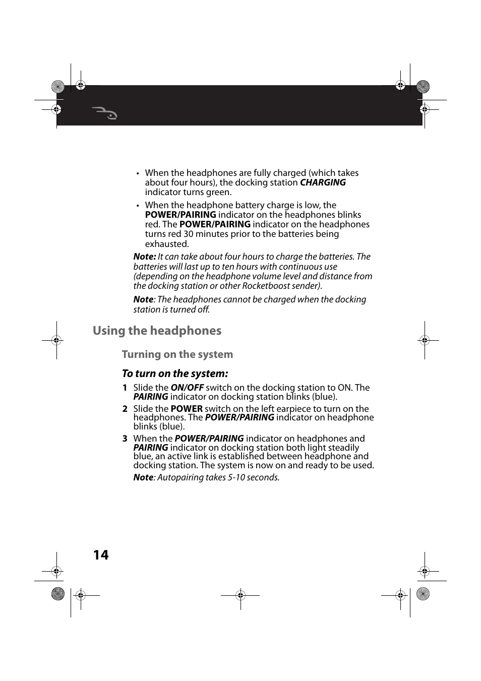 Using the headphones, Turning on the system, To turn on the system | RocketFish RF-WHP212 - User Manual User Manual | Page 14 / 24