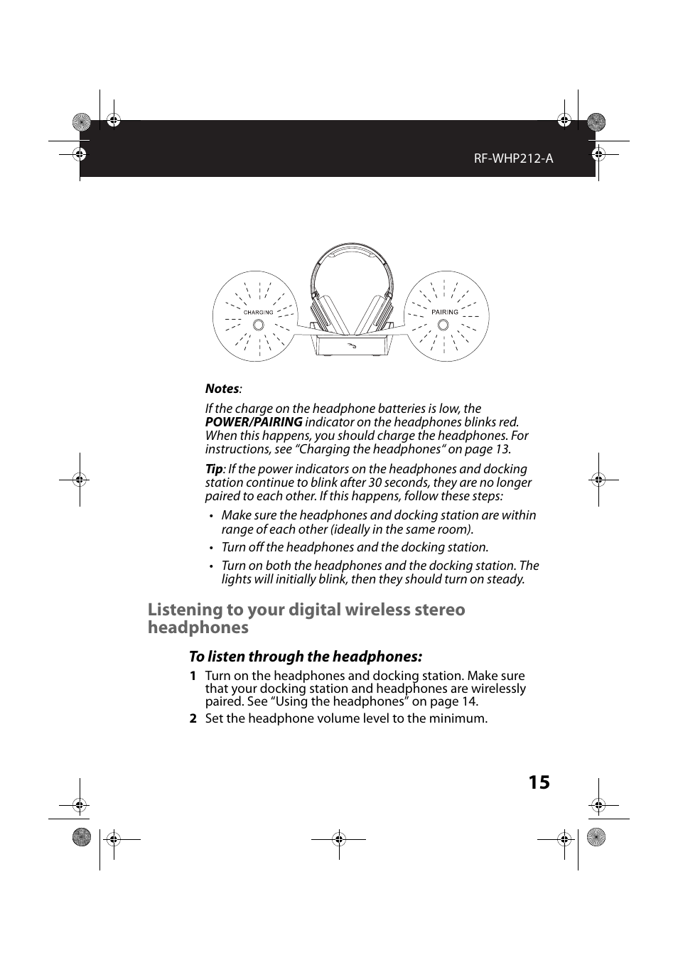 To listen through the headphones | RocketFish RF-WHP212 - User Manual User Manual | Page 15 / 24
