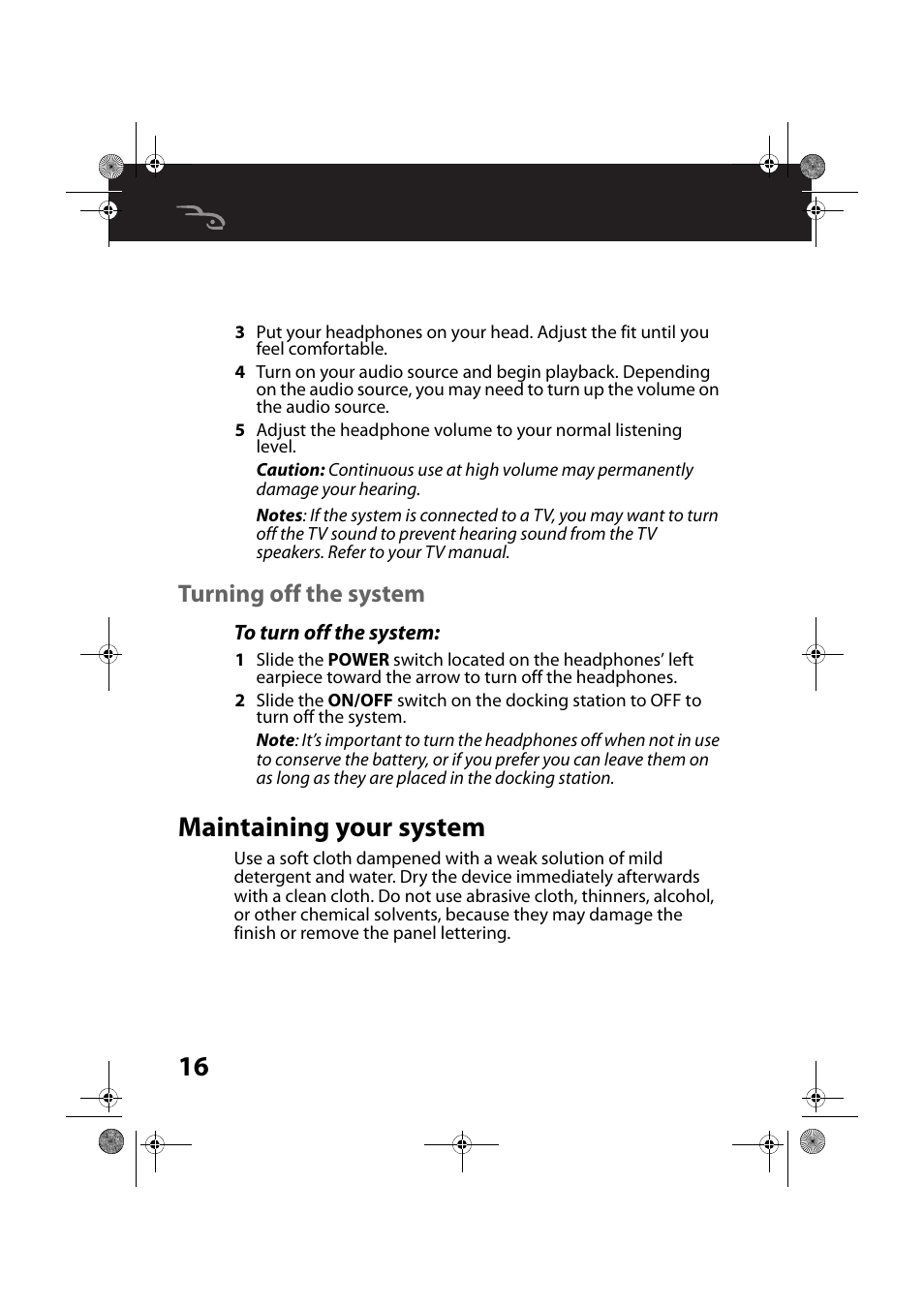 Turning off the system, To turn off the system, Maintaining your system | RocketFish RF-WHP212 - User Manual User Manual | Page 16 / 24