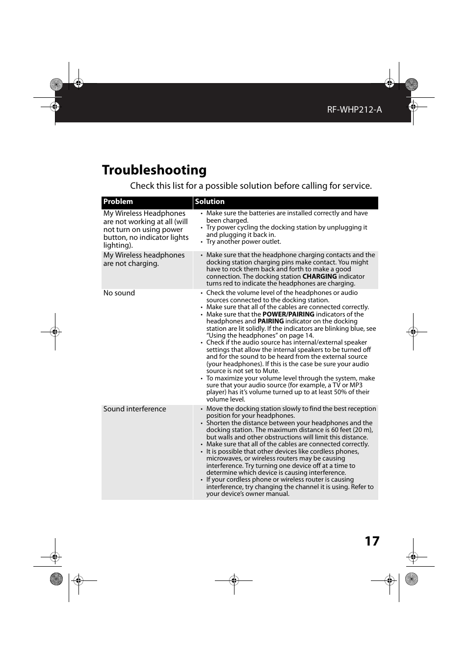 Troubleshooting, Rf-whp212-a | RocketFish RF-WHP212 - User Manual User Manual | Page 17 / 24