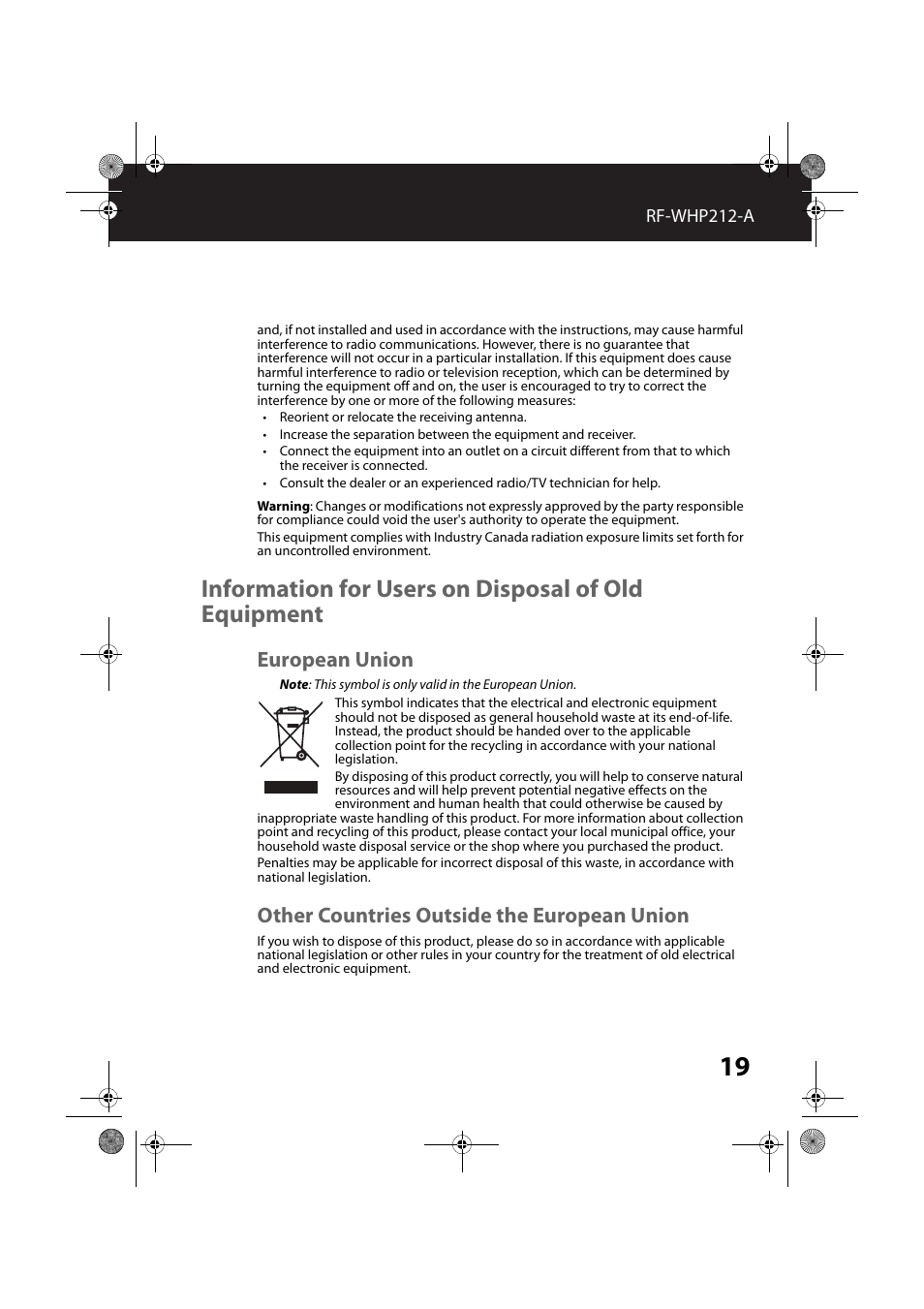 Information for users on disposal of old equipment, European union, Other countries outside the european union | RocketFish RF-WHP212 - User Manual User Manual | Page 19 / 24