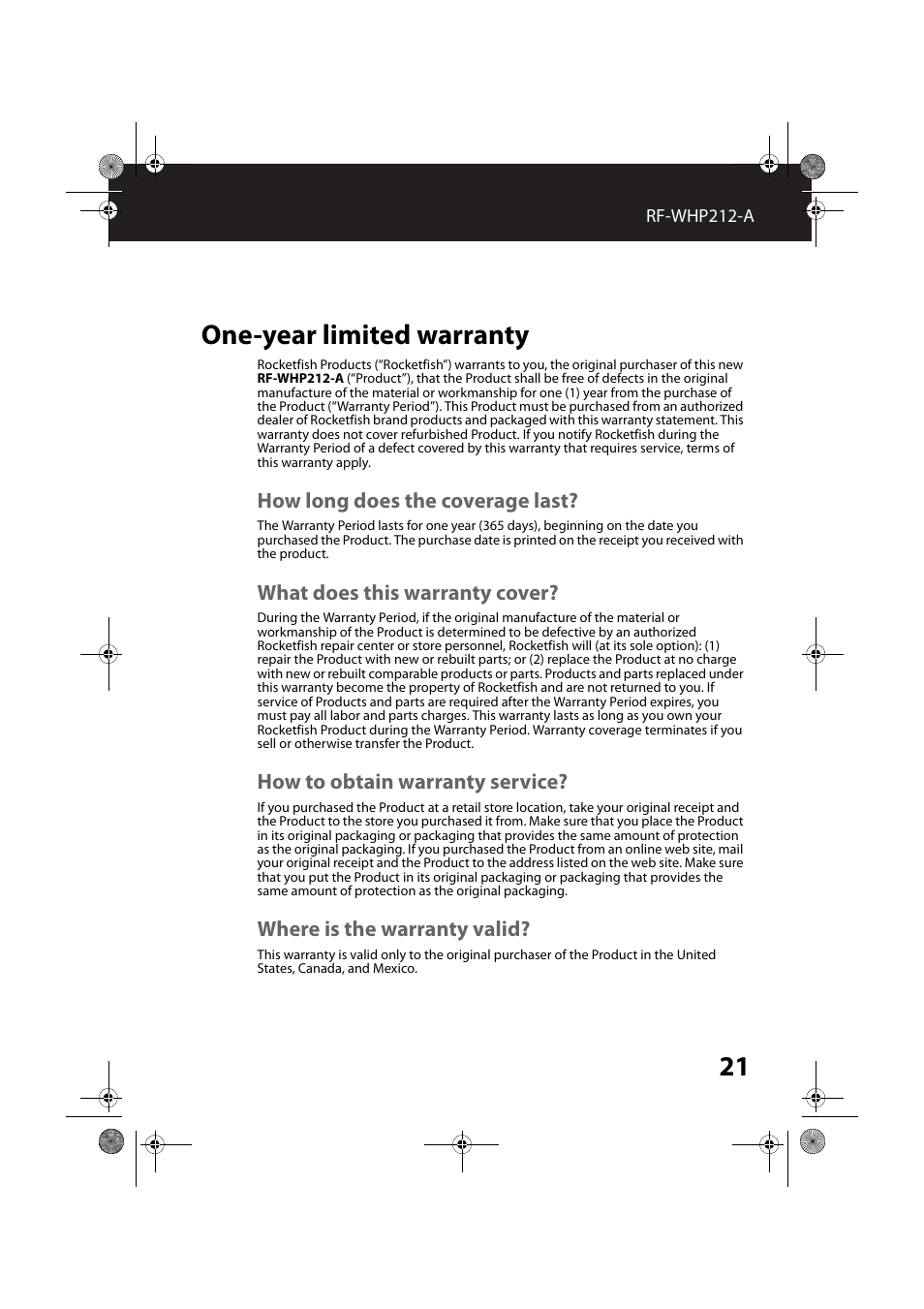 One-year limited warranty, How long does the coverage last, What does this warranty cover | How to obtain warranty service, Where is the warranty valid | RocketFish RF-WHP212 - User Manual User Manual | Page 21 / 24