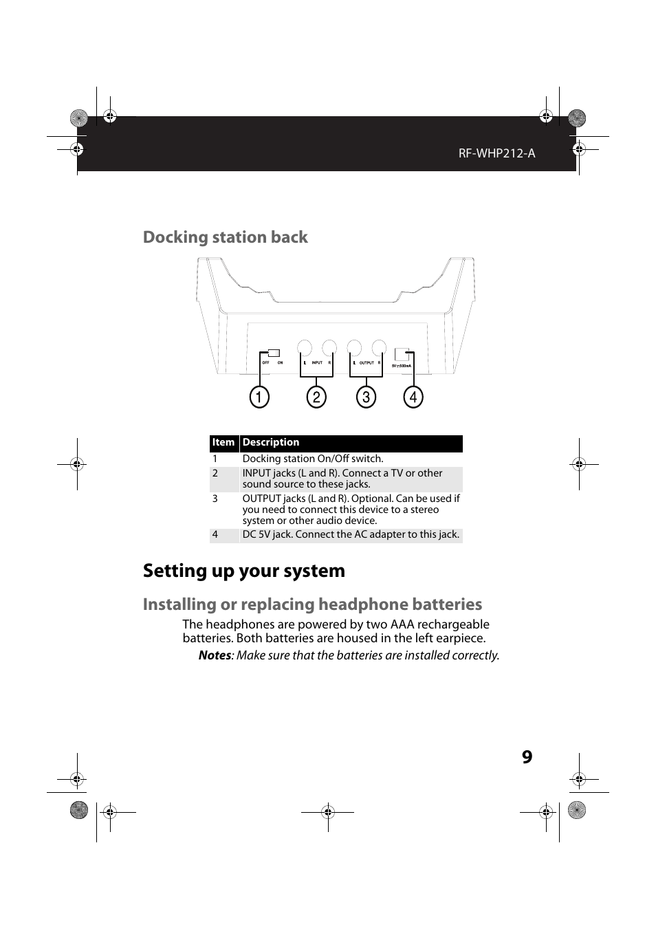 Docking station back, Setting up your system, Installing or replacing headphone batteries | RocketFish RF-WHP212 - User Manual User Manual | Page 9 / 24