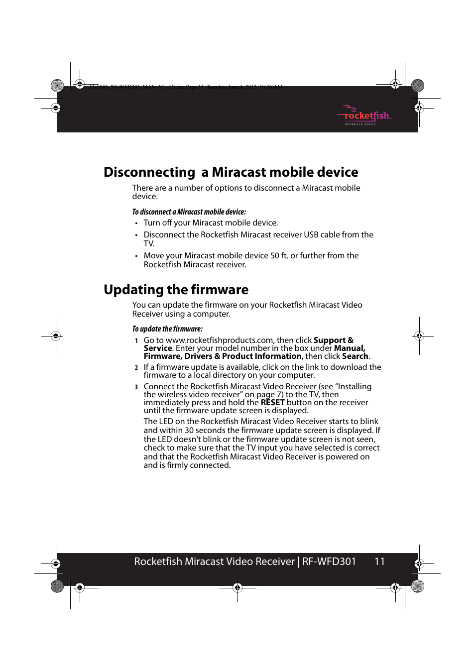 Disconnecting a miracast mobile device, Updating the firmware | RocketFish RF-WFD301 - User Manual User Manual | Page 11 / 19