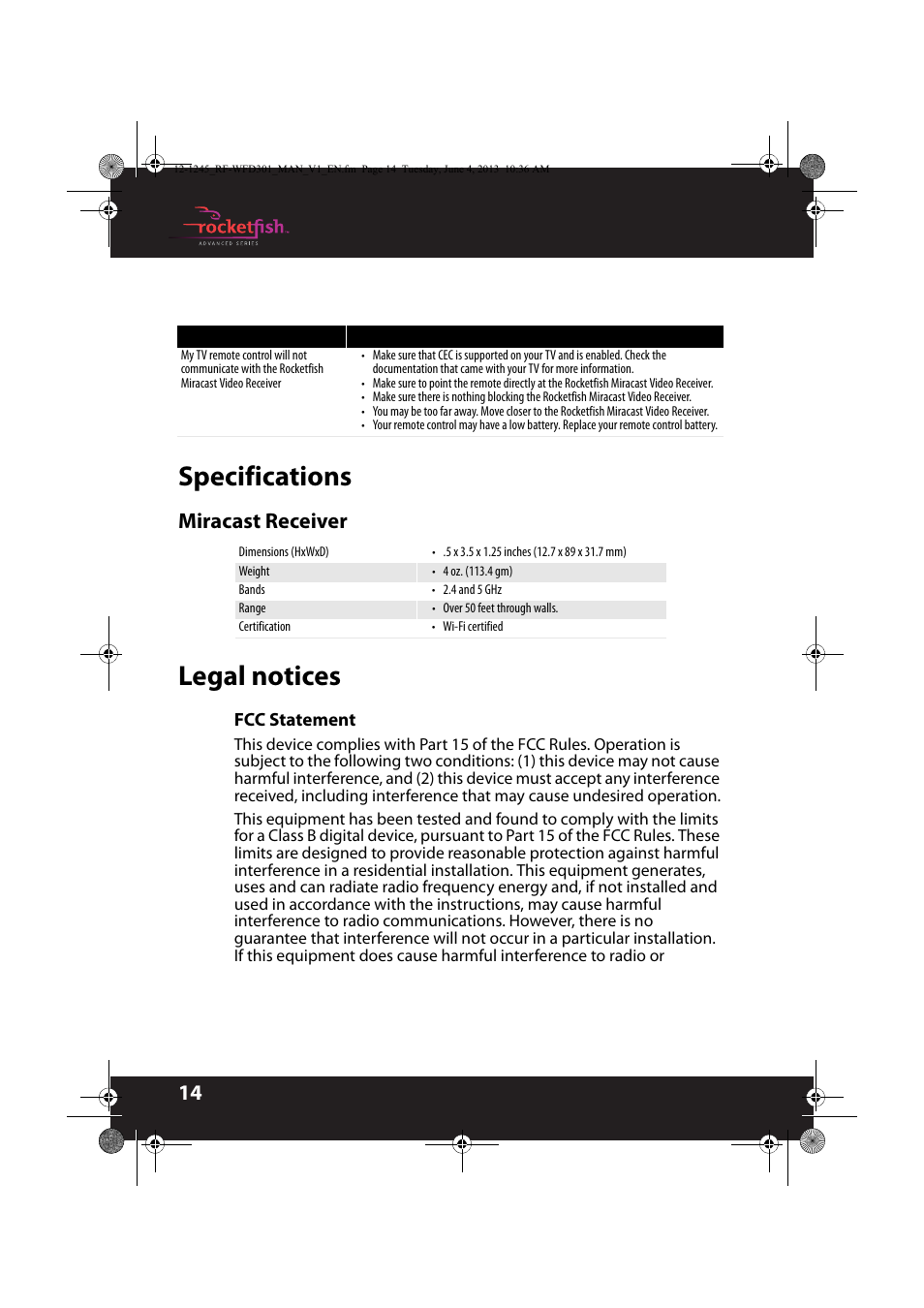 Specifications, Miracast receiver, Legal notices | Fcc statement, Specifications legal notices | RocketFish RF-WFD301 - User Manual User Manual | Page 14 / 19