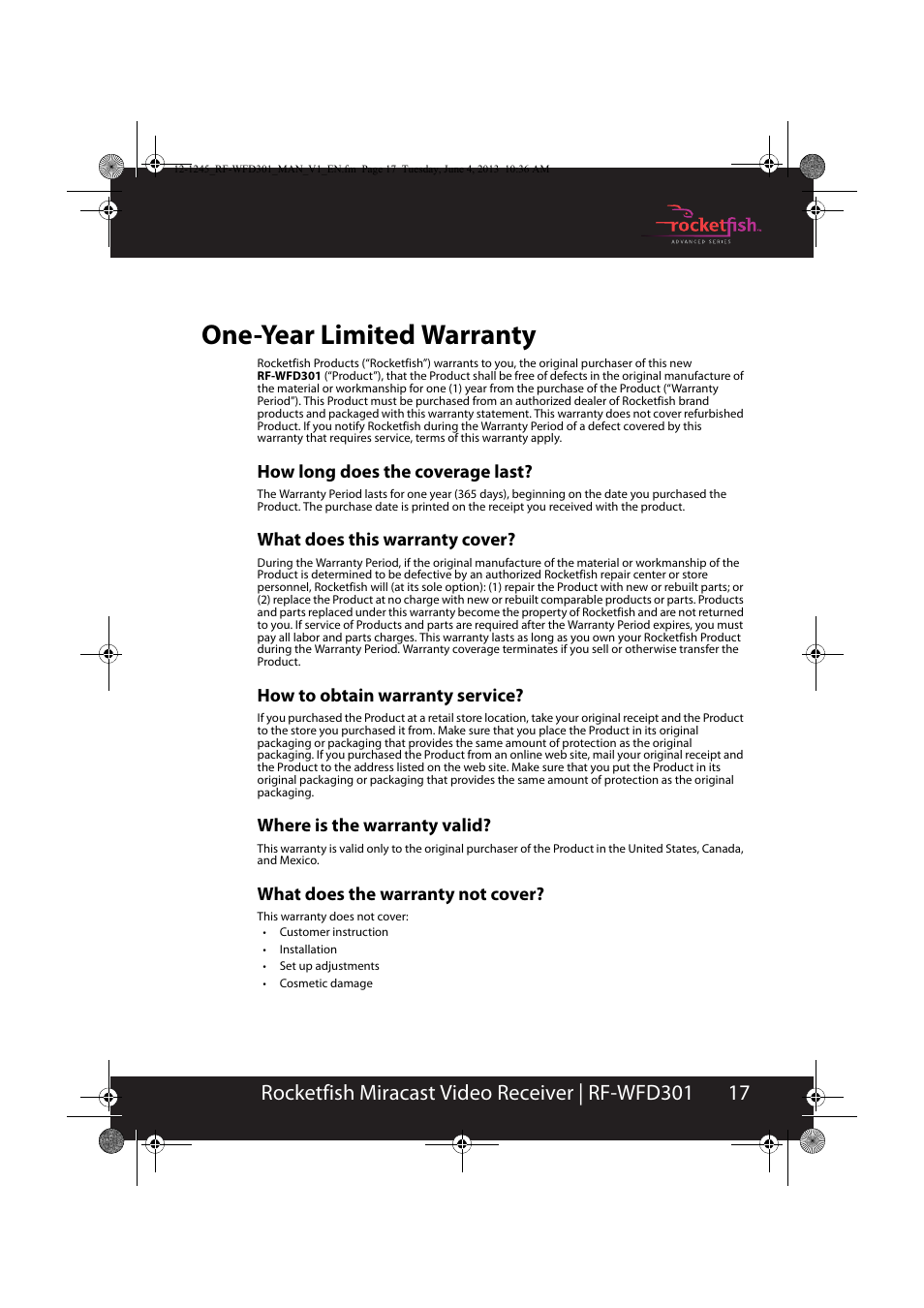 One-year limited warranty, How long does the coverage last, What does this warranty cover | How to obtain warranty service, Where is the warranty valid, What does the warranty not cover | RocketFish RF-WFD301 - User Manual User Manual | Page 17 / 19