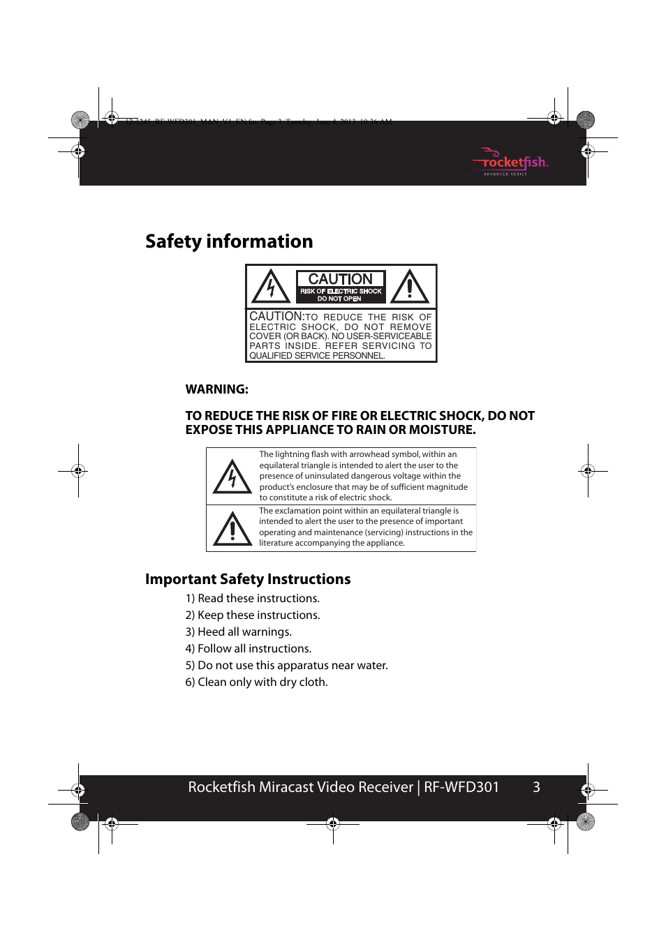 Safety information, Warning, Important safety instructions | 3rocketfish miracast video receiver | rf-wfd301 | RocketFish RF-WFD301 - User Manual User Manual | Page 3 / 19