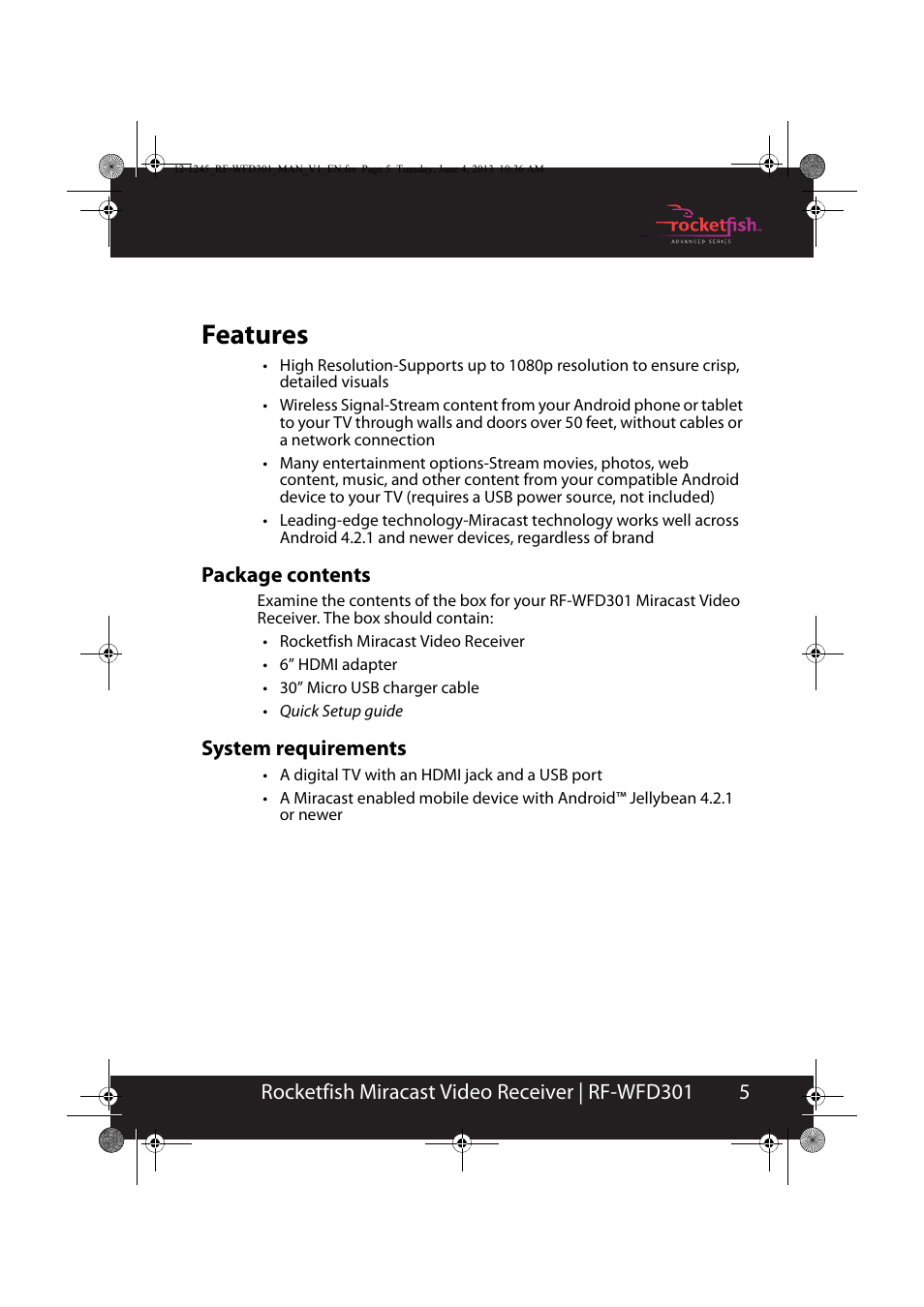 Features, Package contents, System requirements | 5rocketfish miracast video receiver | rf-wfd301 | RocketFish RF-WFD301 - User Manual User Manual | Page 5 / 19