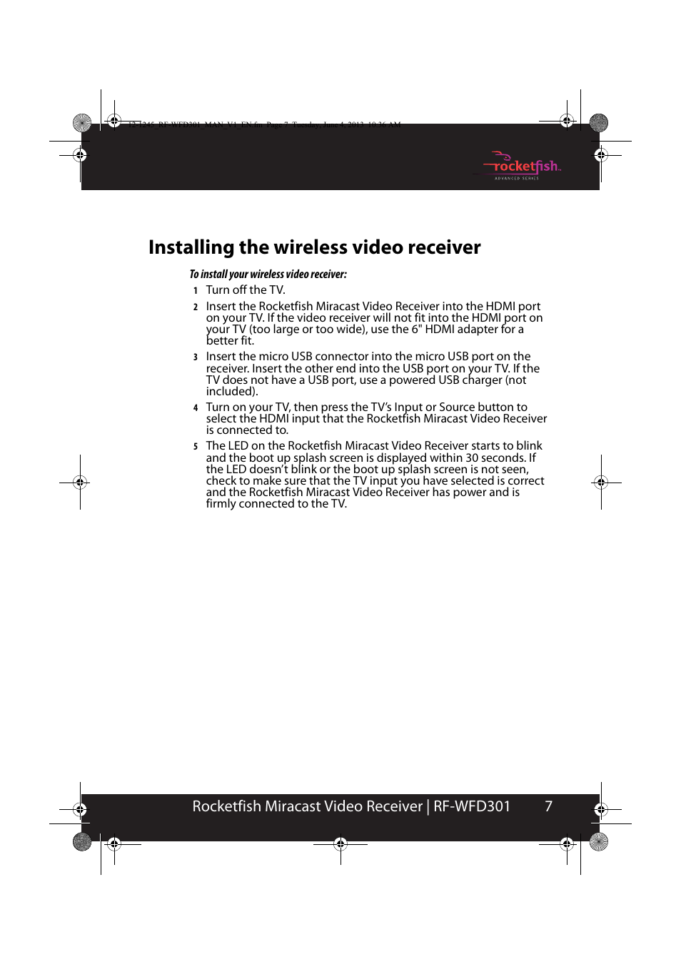 Installing the wireless video receiver, 7rocketfish miracast video receiver | rf-wfd301 | RocketFish RF-WFD301 - User Manual User Manual | Page 7 / 19