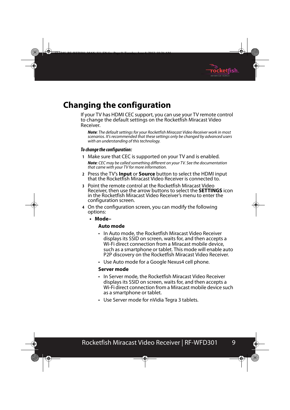 Changing the configuration, 9rocketfish miracast video receiver | rf-wfd301 | RocketFish RF-WFD301 - User Manual User Manual | Page 9 / 19