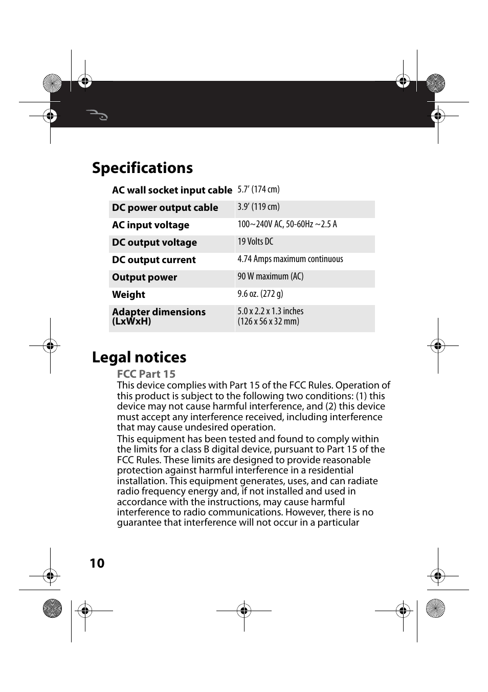 Specifications, Legal notices, Fcc part 15 | Specifications legal notices | RocketFish RF-AC9021 - User Manual User Manual | Page 10 / 15