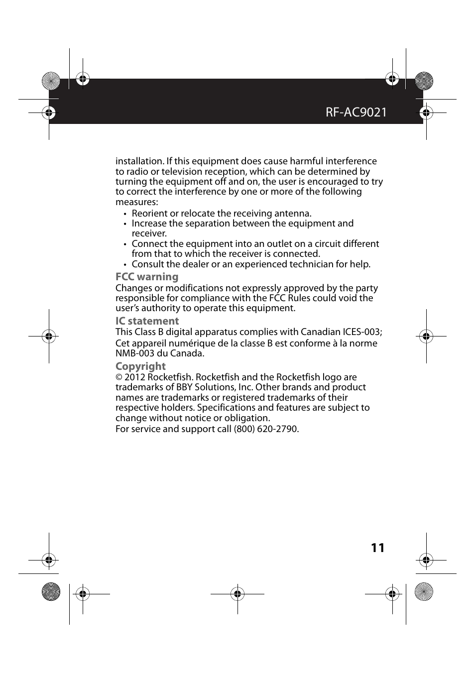 Fcc warning, Ic statement, Copyright | RocketFish RF-AC9021 - User Manual User Manual | Page 11 / 15