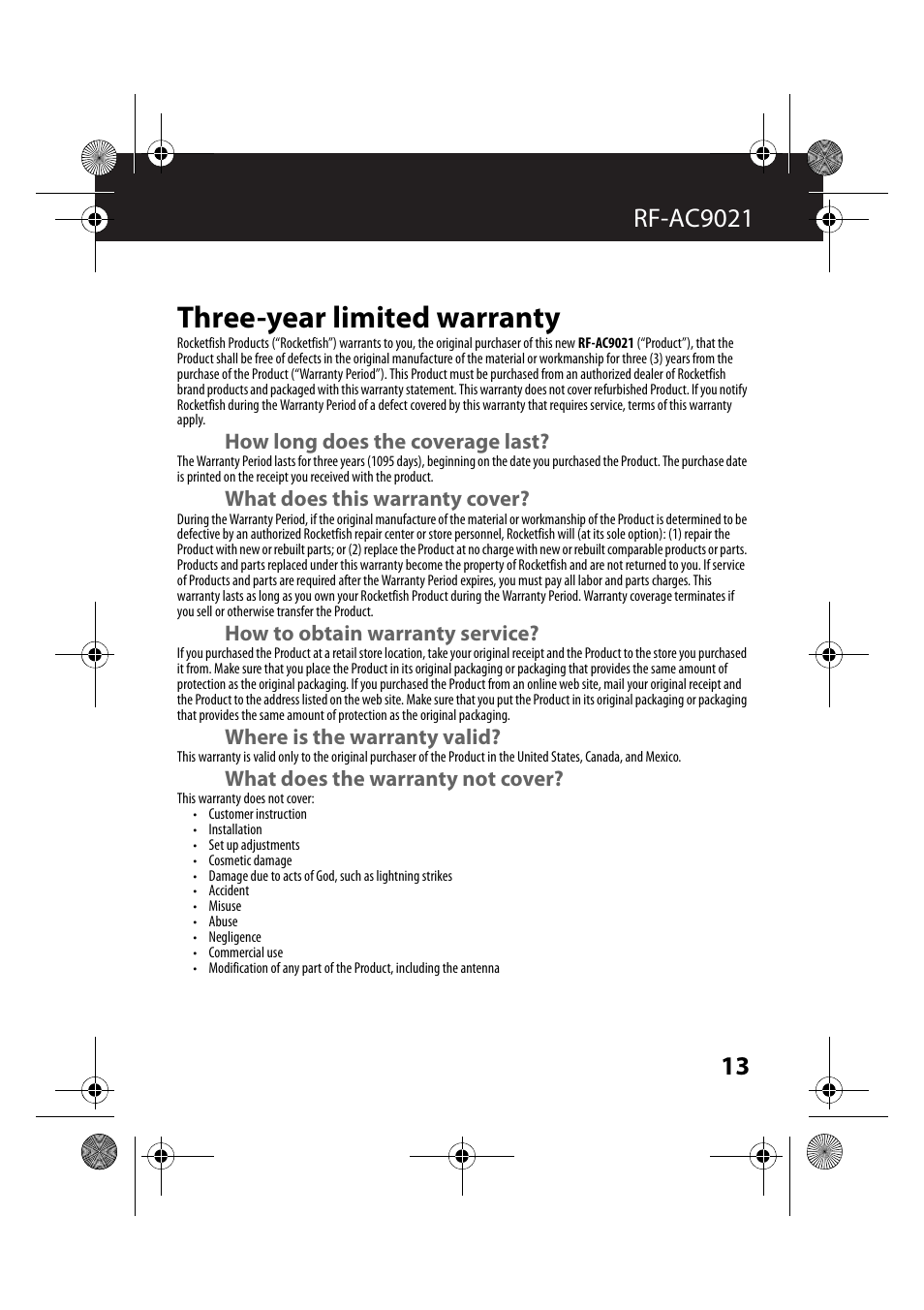 Three-year limited warranty, How long does the coverage last, What does this warranty cover | How to obtain warranty service, Where is the warranty valid, What does the warranty not cover | RocketFish RF-AC9021 - User Manual User Manual | Page 13 / 15